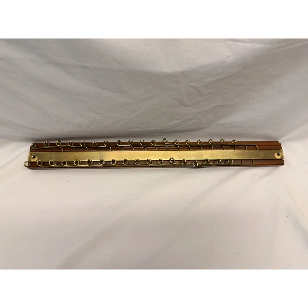 Vintage Walnut Wood Brass Tie Rack Wall Mount Closet Organizer 24 Hook 18 Inch